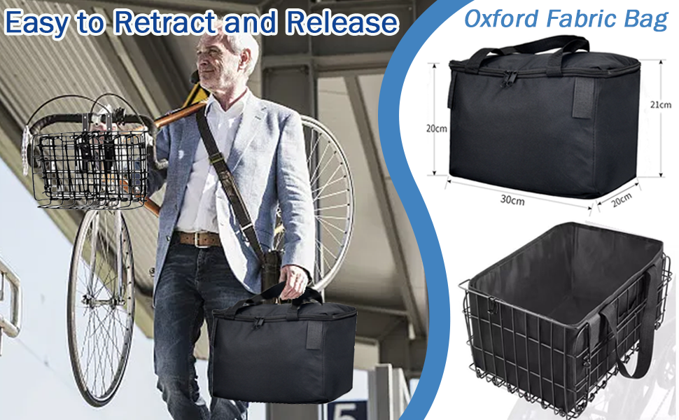 Складаний велосипедний кошик SUQ з чорною нейлоновою сумкою, сталева велосипедна корзина, для тварин, покупок, подорожей, кемпінгу та відпочинку на природі (Чорний)