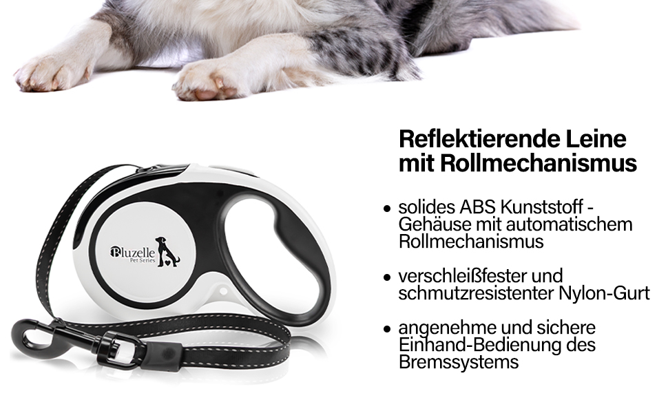 Рулетка для собак до 20 кг Bluzelle з відбиваючими смугами, 5 м, міцний карабін, найнадійніша гальма, нейлоновий ремінь, ергономічна ручка