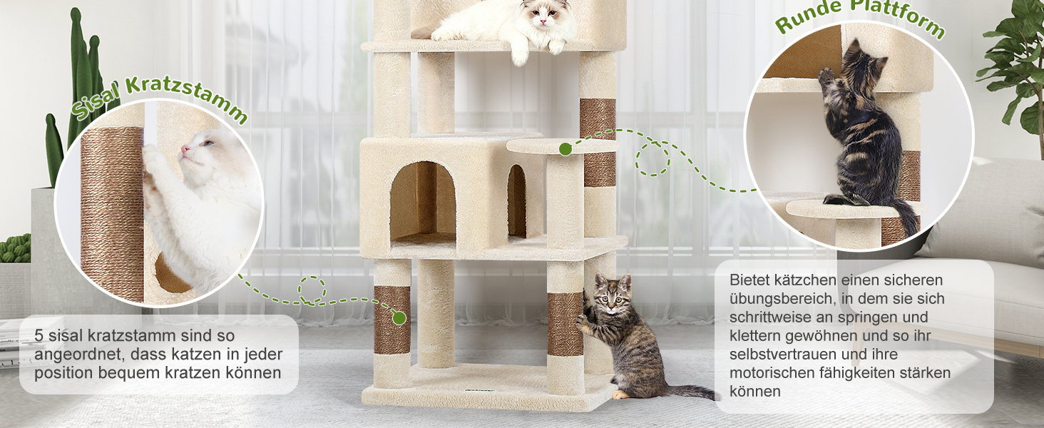 Дерев'яний комплекс для котів Globlazer з 3 будиночками, 5 сизалевими стовпчиками, платформою та іграшками, 168 см, бежевий