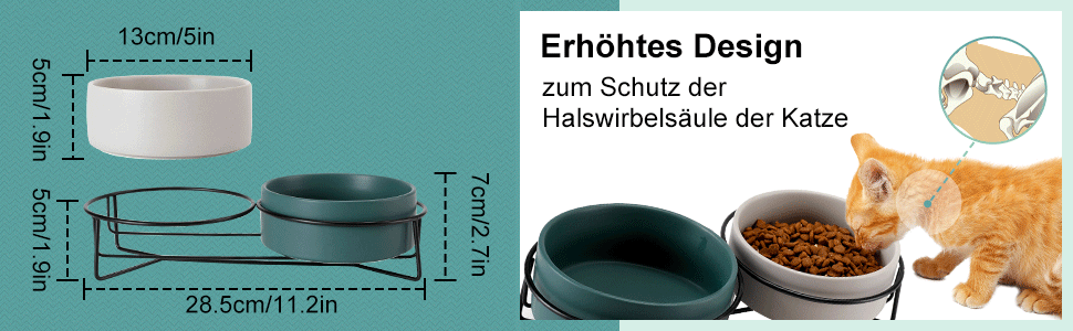Набір мисок для котів PETTOM з підставкою (2 шт.), кераміка, захист шиї, зелений + сірий