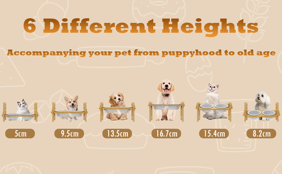 Підвищена годівниця для собак з підставкою, регульована висота, годівниця для маленьких собак та котів, міцна годівниця з бамбука з 2 керамічними мисками та килимком для тварин