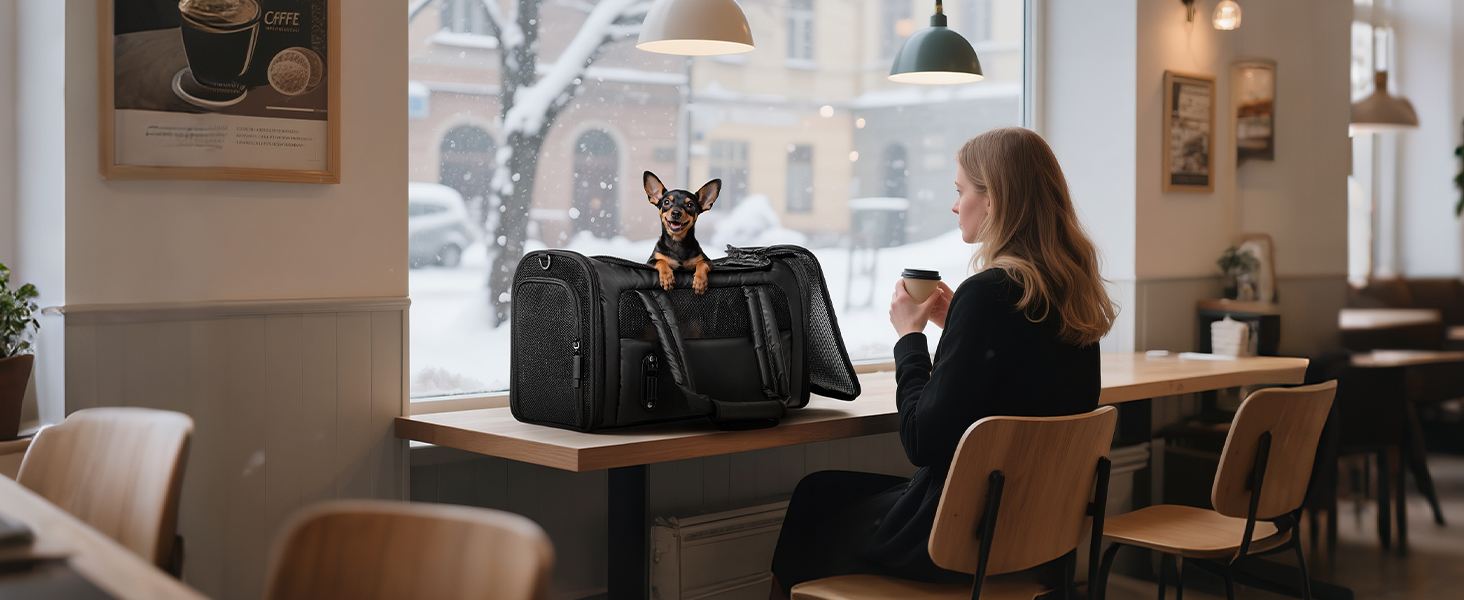 Транспортна переноска для кота/собаки 4 Pet, чорна, з сіткою та захистом, для подорожей літаком та авто