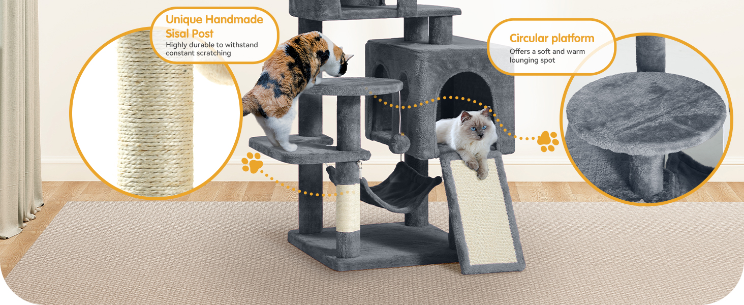 Кігтеточка YITAHOME XXL для котів, 137 см, сіра: 8 стовпів з сизалю, 3 платформи, 2 печери, гамак, іграшки