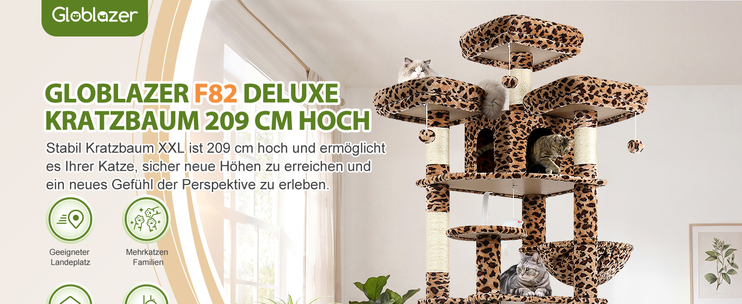 Драбина для котів Globlazer XXL, 209 см: 3 стійкі лежанки, 2 будиночки, 2 кошики, велика платформа, іграшки, стабільна для 3-5 котів. Leoparden