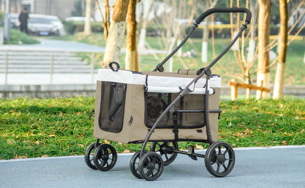 PawHut 2-в-1 візок для собак та котів, розкладний, до 10 кг, з подушкою, сітковими віконцями, дверима та кошиком для зберігання, темно-зелений (хакі)