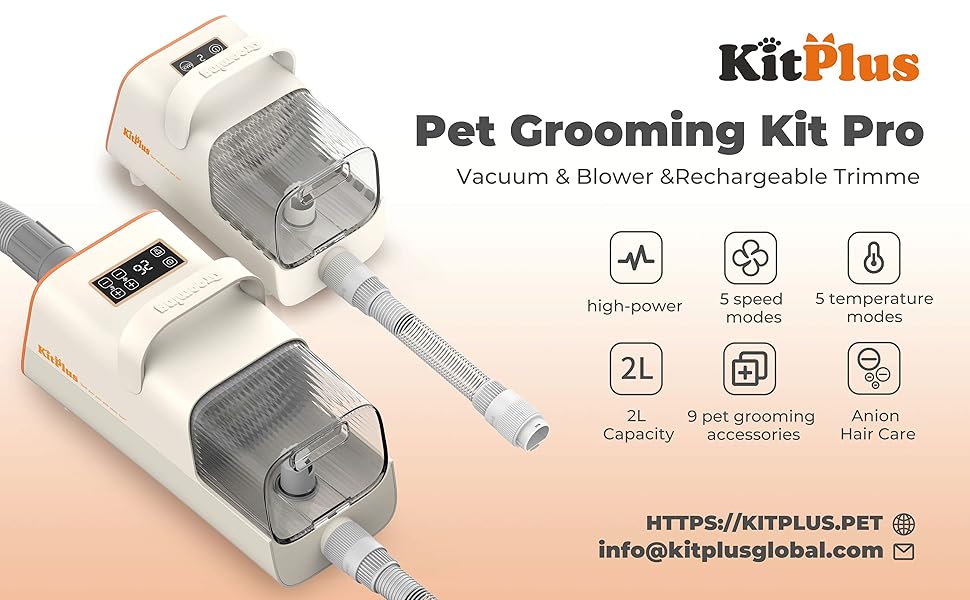 Набір для грумінгу собак Kitplus: машинка для стрижки, пилосос для шерсті, 8 інструментів, чорний & білий.
