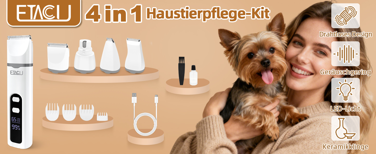 ETACCU 4в1 Безшумна машинка для стрижки собак та котів з LED-дисплеєм. Машинка для стрижки, триммер для лап, точилка для кігтів. Для тіла, лап, очей, вух, обличчя.