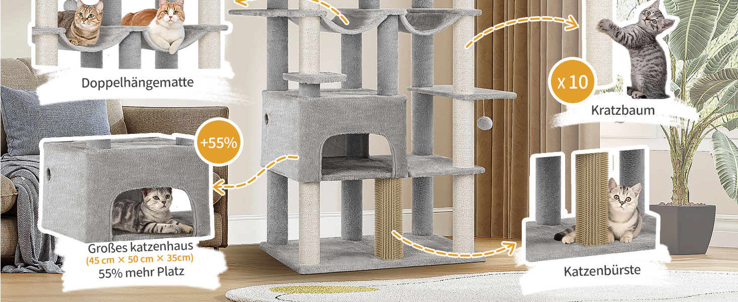 Котячий будиночок Hzuaneri XXL з 10 стовпчиками для дряпання, 2 печерами, 2 гамаками, великою платформою, щітками для котів, кошиком. Підходить для Maine Coon, великих котів, сірий колір MS20018LG