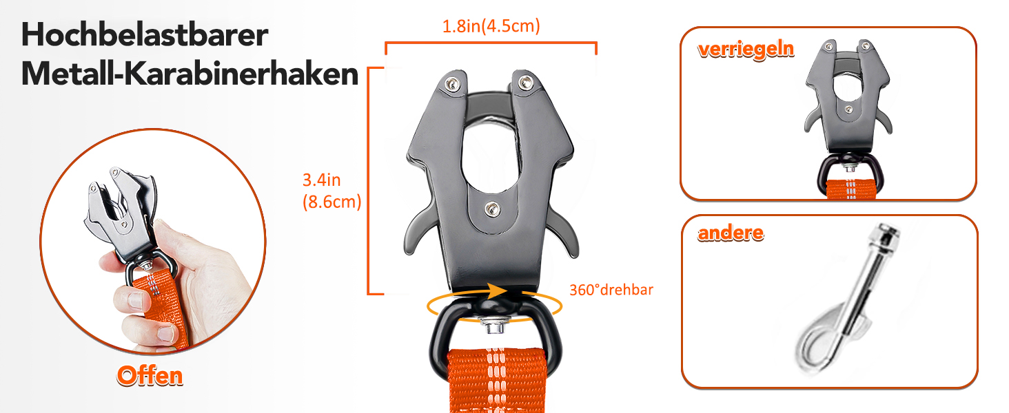 Тактична повідок для собак Joytale, 1.2м-1.8м, еластична (bungee), з 2 м'якими ручками, автофіксатор, без натягу для собак середніх, великих та екстра-великих порід, помаранчевий колір