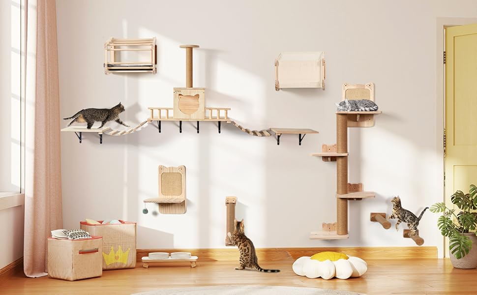 Котячий комплекс на стіну LitaiL Wandkratzbaum: 4 яруси, 110 см, еко-дерево, сірий колір