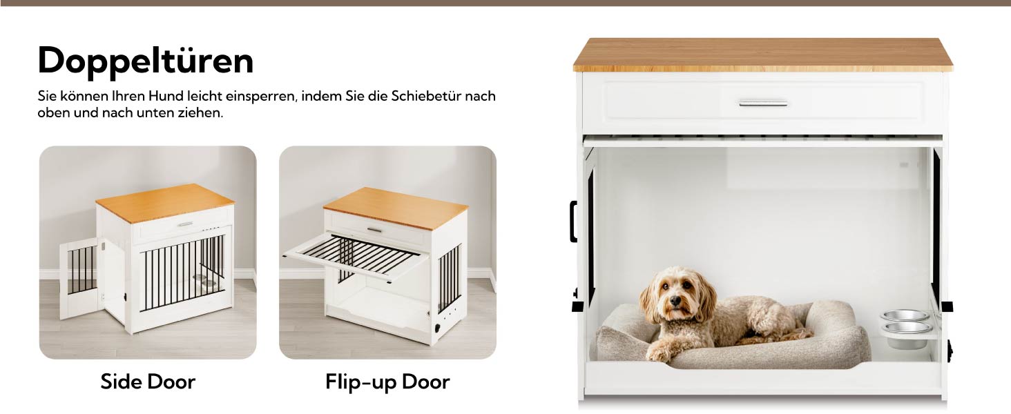 DAWNYIELD Клітка для собак, меблі для тварин, дерев'яний вольєр з відкриваючимся верхом, шухляда, меблевий стиль, внутрішній вольєр для собак, стіл з поворотним мисником на 360°, білий колір, ковзаюча дверцята білого кольору