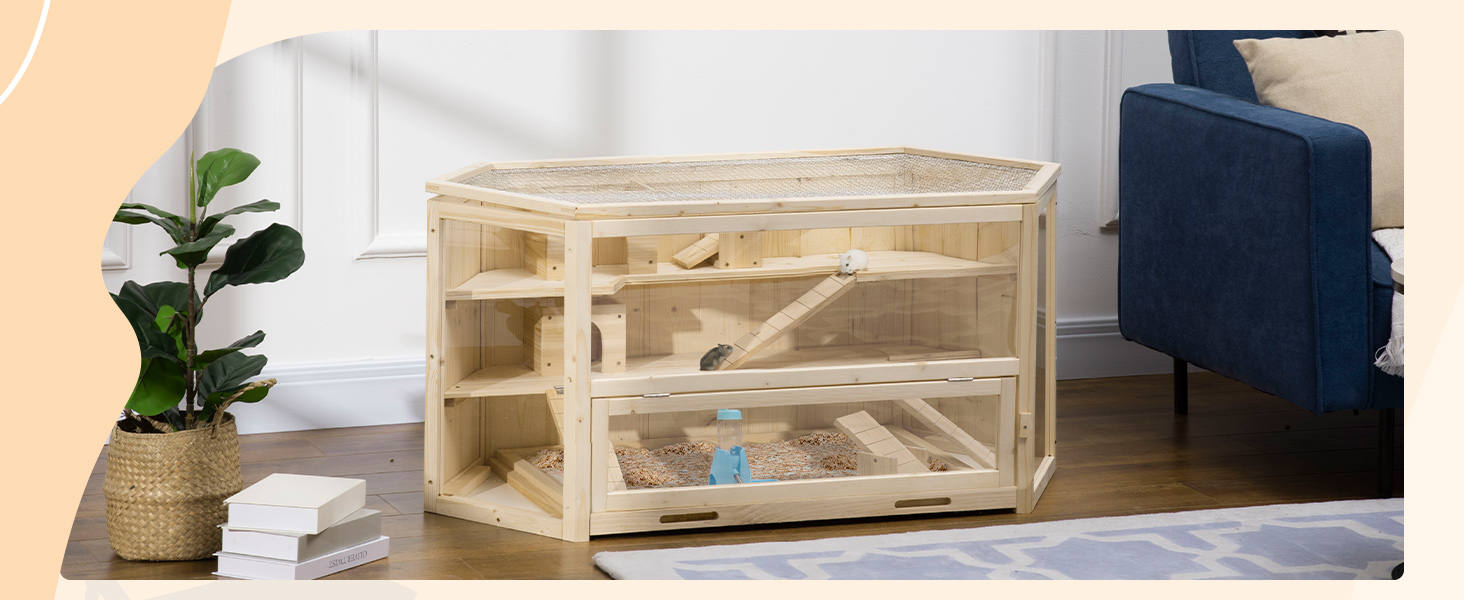 Клітка для дрібних тварин PawHut з рампою, гойдалкою та відкидною кришкою, 115 x 60 x 55 см, натуральне дерево та PS пластик