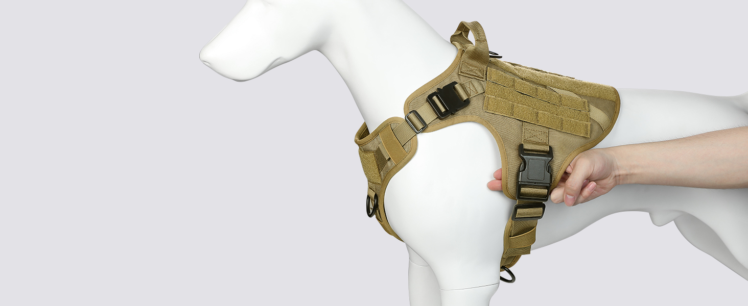 Шлейка для собак Rabbitgoo для великих собак без натягу, тактична нагрудна шлейка з MOLLE, металеві пряжки, дихаюча, військова, регульована, з підкладкою, L (1 шт., коричнева)