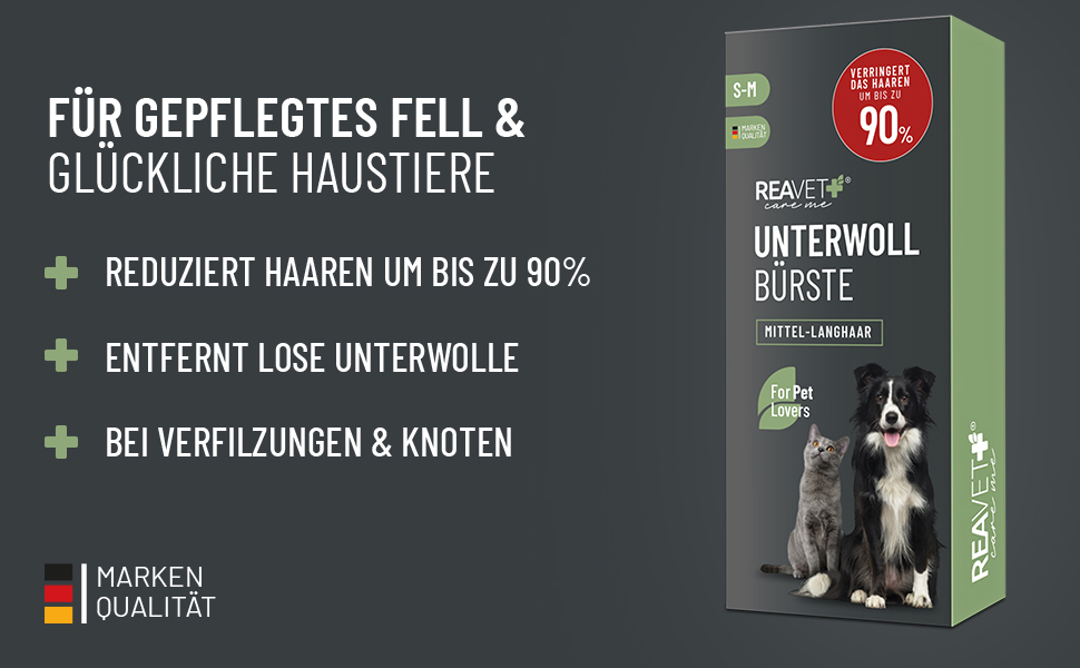 Щітка для собак та котів ReaVET для видалення підшерстка та розплутування. Підходить для довгошерстих порід, великих та середніх собак та котів. Масажний ефект, захист верхнього шару шерсті. Розмір M-L