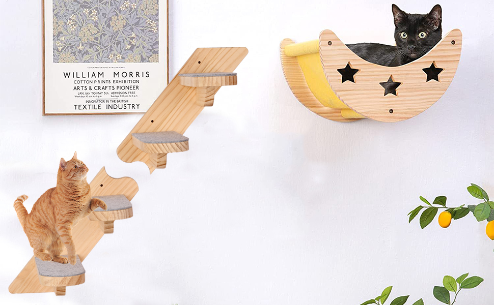 Кігтечка-полиця для котів WandMontierte Katze, дерев'яна, 4 сходинки, з плюшем, для лазіння, сну та ігор