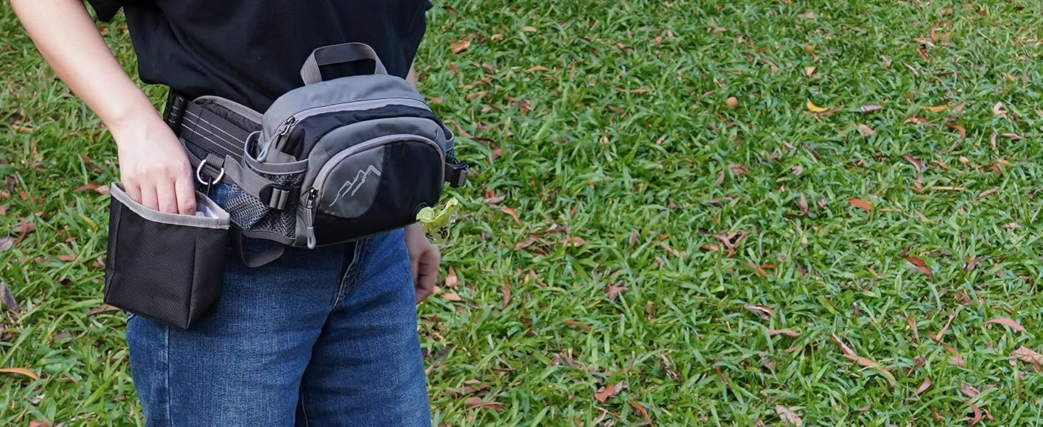 Сумка для собак на пояс з кишенею для ласощів та 2 тримачами для пляшок води, легка сумка для годування собак з дозатором для фекалій, поясна/стегнова сумка регульована, 2-в-1 для прогулянок, тренувань, походів, чорна