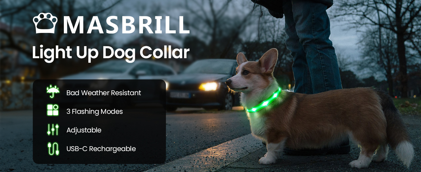 Світлодіодне нашийник для собак Masbrill, світловідбиваючий, водонепроникний, регульований, з 3 світлодіодами, для малих, середніх та великих собак, червоний, L