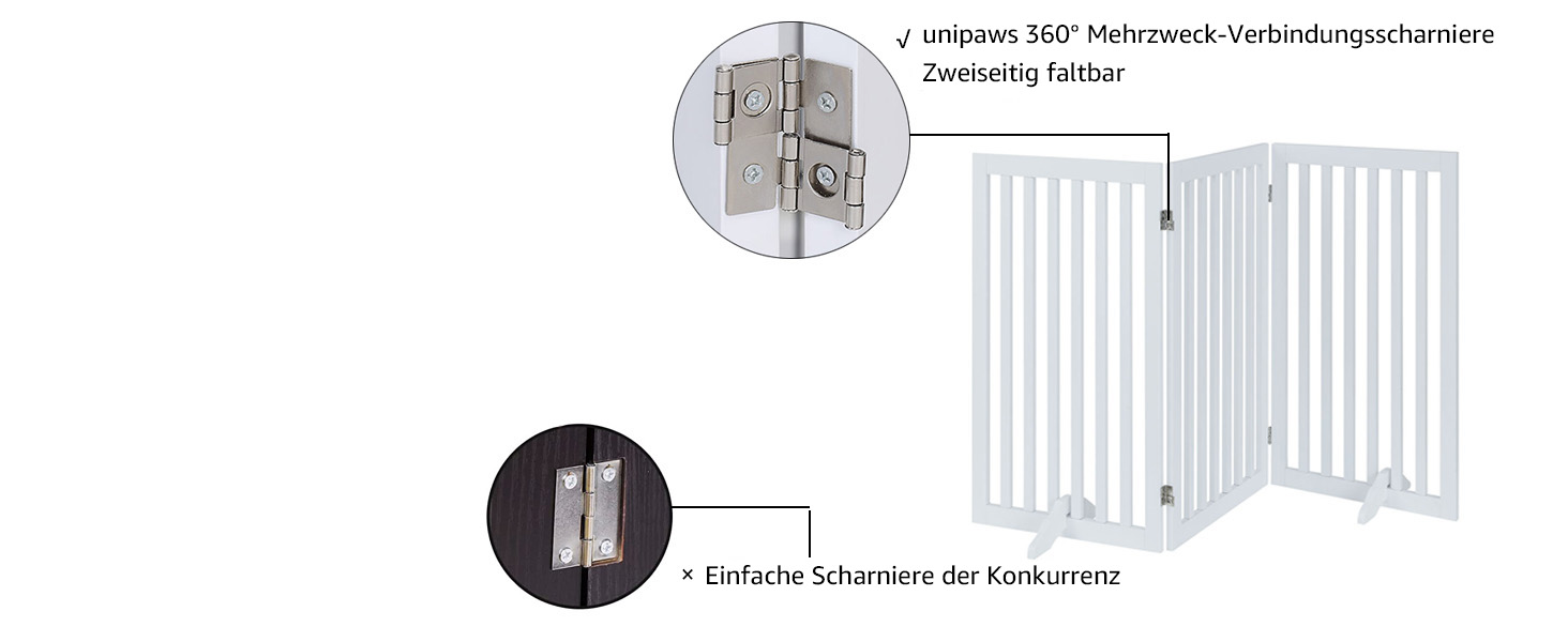 Захисний бар'єр для собак Unipaws, без свердління, дерев'яний, розкладний, для захисту сходів, воріт, каміну (3 елементи, 91 см), білий 153 x 91 см