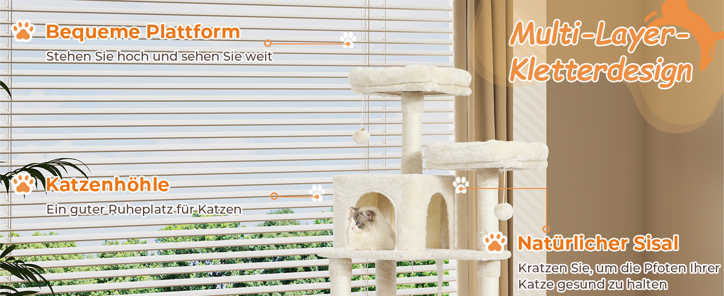 Кігтеточка для котів MSmask велика, стабільна, багатоярусна з 2 платформами, 2 будиночками, гамаком, сизалевими стовпчиками (Бежева, 160 см)