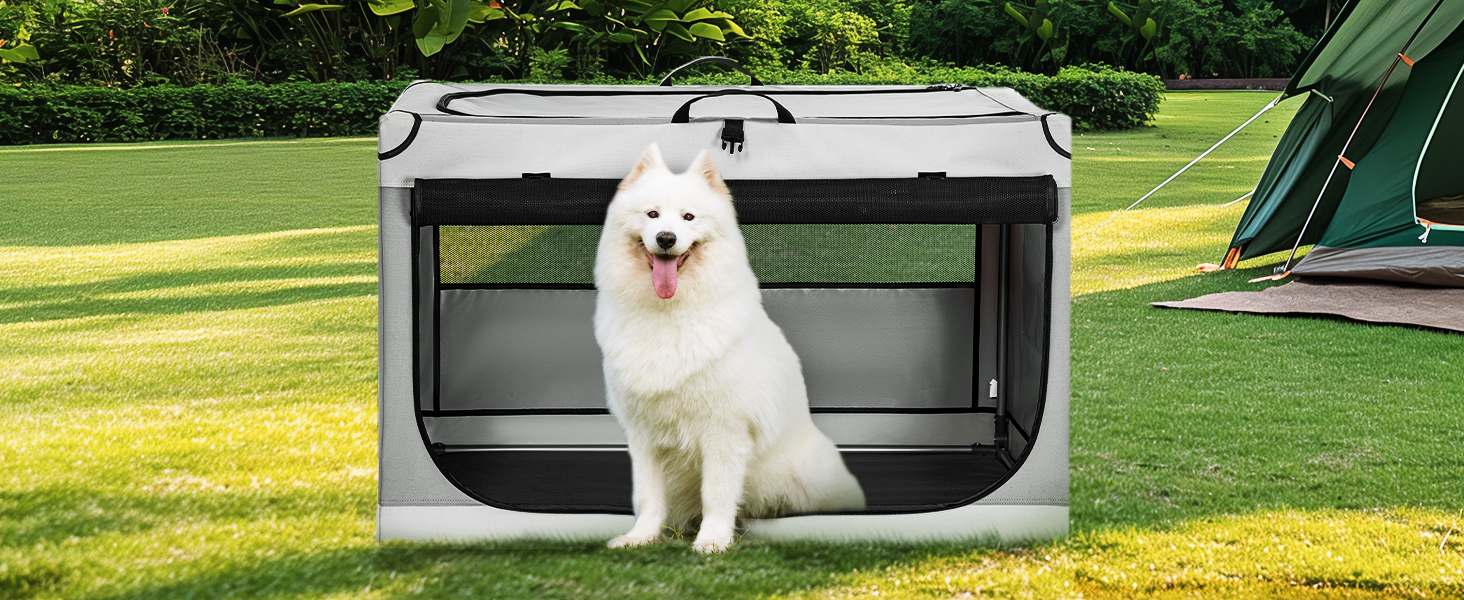 Складаний бокс для великих собак Petsfit, світло-сірий, L 91×61×59 см, міцна транспортна клітка з вентиляційною сіткою для дому та подорожей
