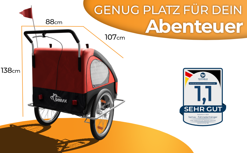 SAMAX Fahrradanhänger Jogger 2в1: Дитячий велопричіп-коляска для 2 дітей з підвісною віссю (червоний/чорний, срібляста рама)