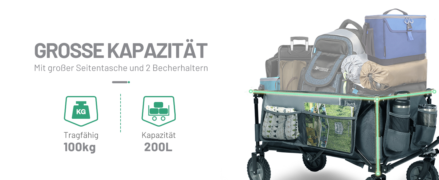 Вагончик Timber Ridge XXL: вантажний, складаний, з кишенями та тримачем для напоїв, для саду, кемпінгу, покупок (сірий)