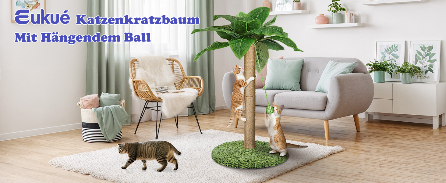 Котячий будиночок з дряпальною колоною Eukue, 80 см, білий/зелений, з платформою, мотузкою та стійкою основою