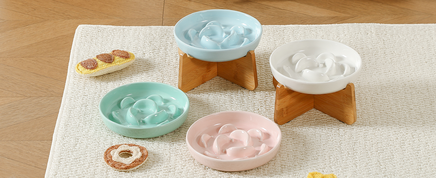 Антислизький годівниця для котів з кераміки з металевим підставкою - Підвищена годівниця проти захлинування - Лабіринтова миска для повільного годування - Рожевий (миска + бамбук - білий)