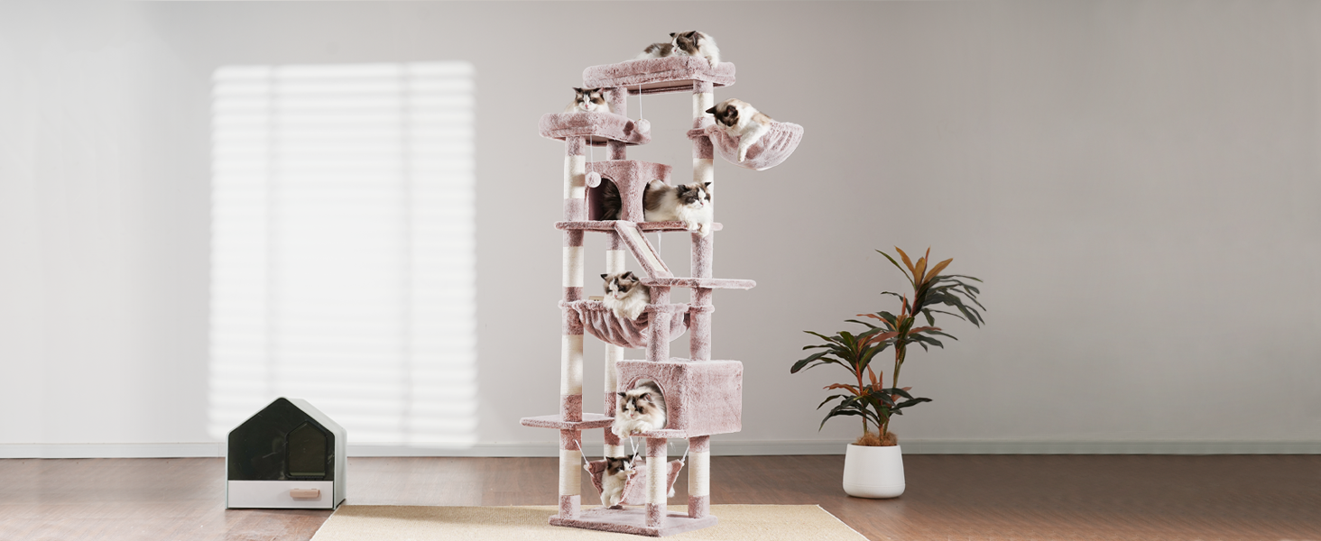 Кігтеточка-вежа для котів Heybly HCT034G, 180 см, коричнево-бежева: 2 платформи, 2 будиночки, гамак, кошик, когтешкреб