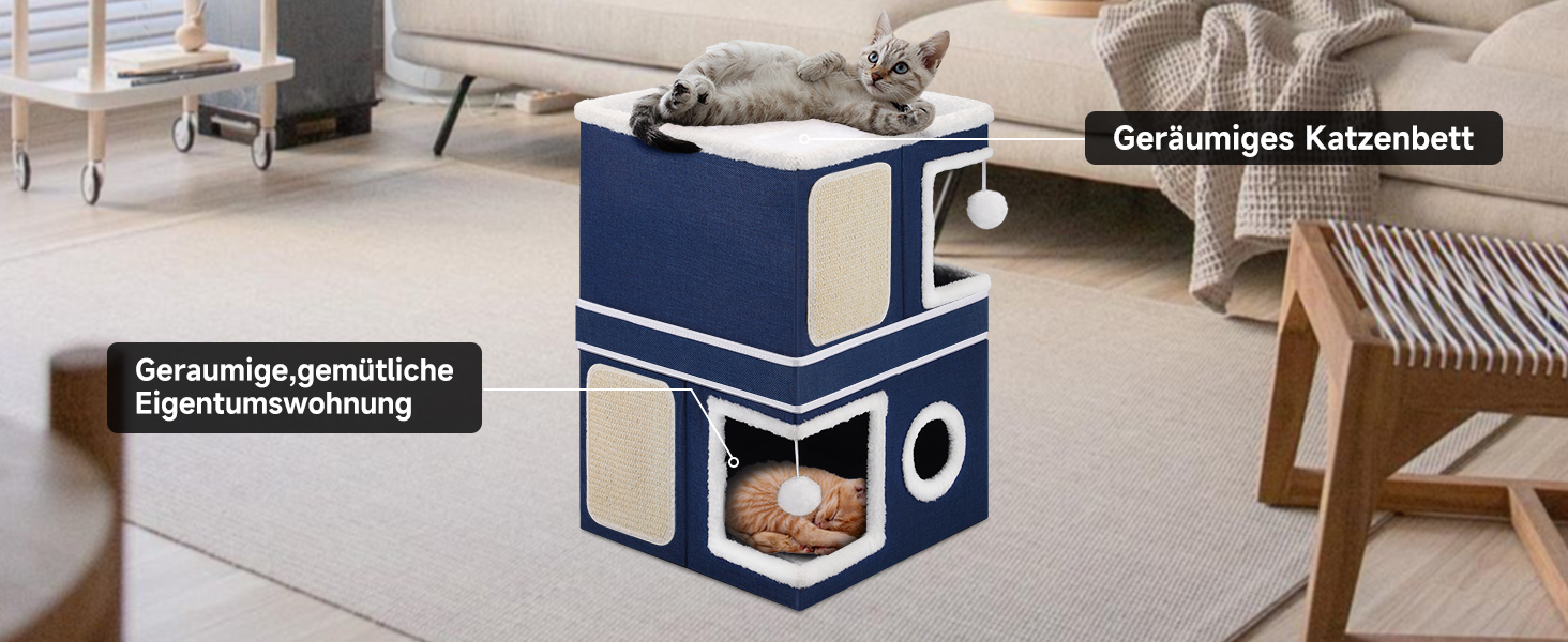 Кітчине гніздо Shikha, великий будиночок для котів, 3-ярусний куб для котів з дряпалкою та іграшкою, 61x45x32 см, блакитний