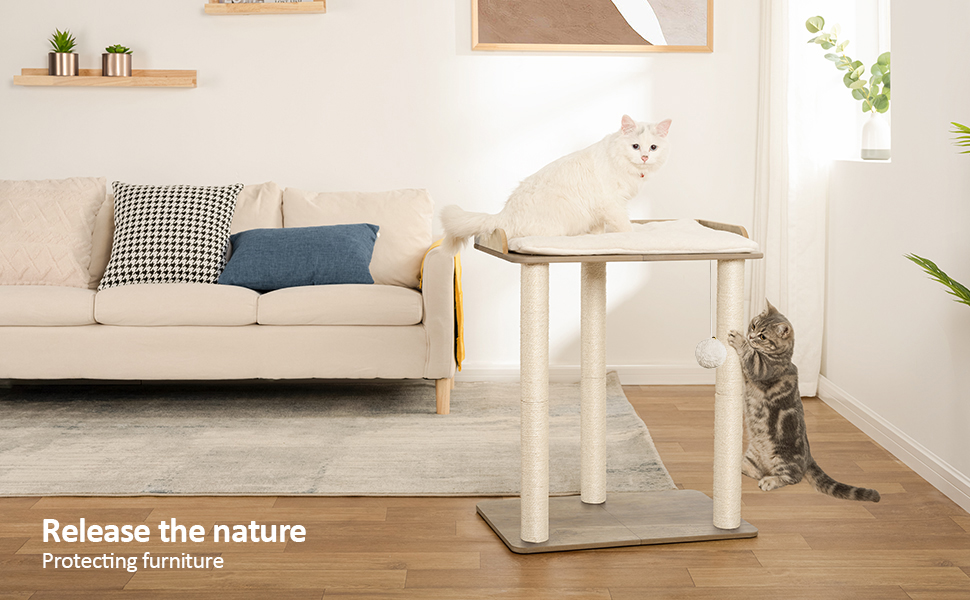 Дерев'яний комплекс для котів FourFurPets, 68 см, з трьома сизалевими стовпчиками, платформами 56x40 см, колір Greige