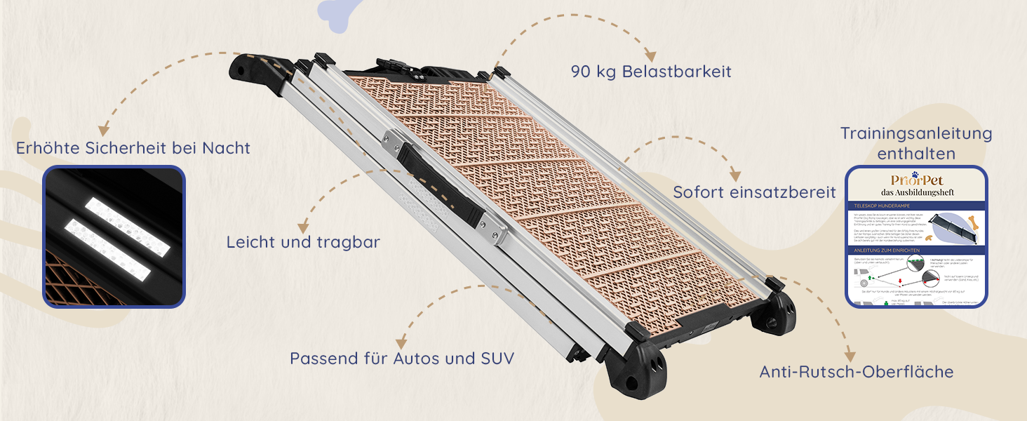 Рампа для собак у машину Klappbar - Складана, стабільна, протиковзка, для автомобілів та SUV до 90 кг, телескопічна алюмінієва рампа, з світловідбиваючими смугами, кріпильний кліп, для великих собак