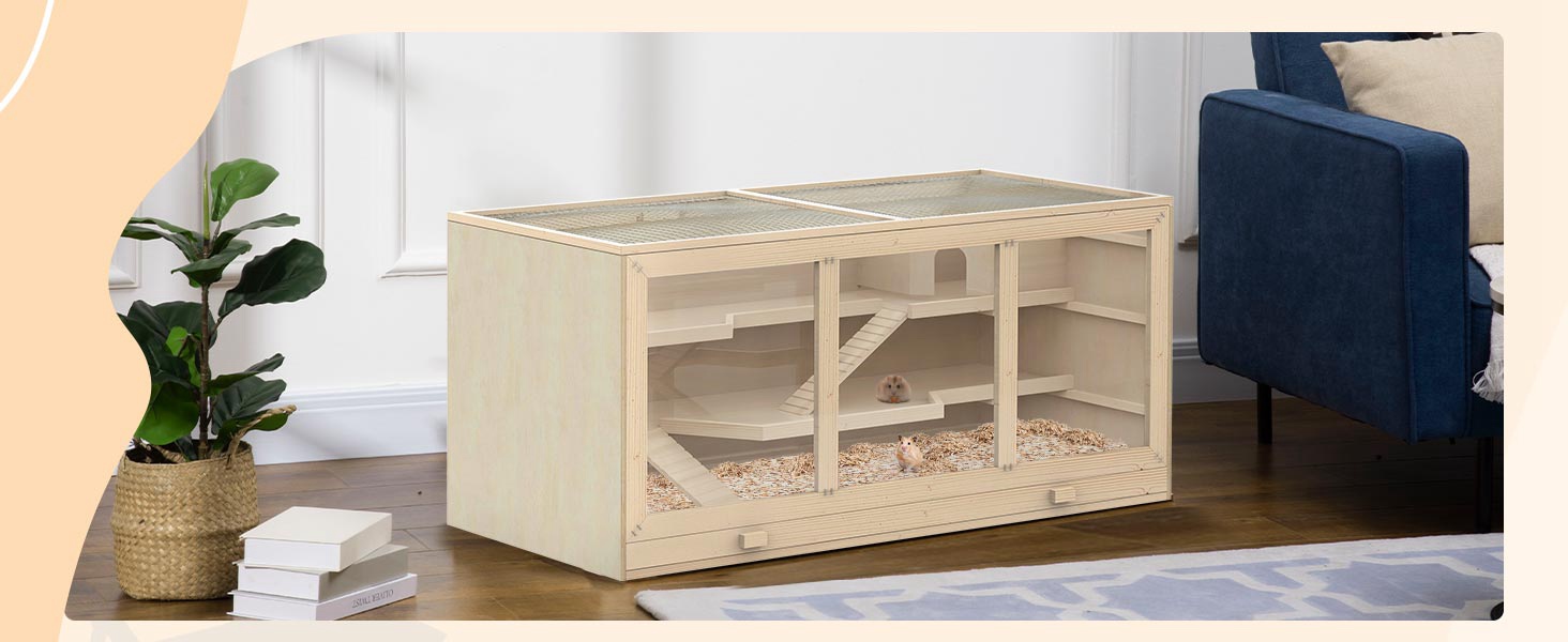 Клітка для тварин PawHut, клітка для гризунів з рампою та гойданням, верхня кришка відкривається, знімна піддон, дерево сосна та PS пластик, 115 x 60 x 55 см