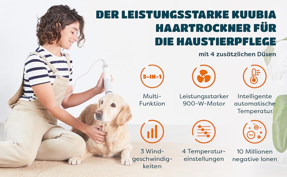 Фен для собак 5-в-1 900W | Фен-щітка для собак та котів | Безшумний, з іонізацією, для всіх порід | Сушарка для тварин