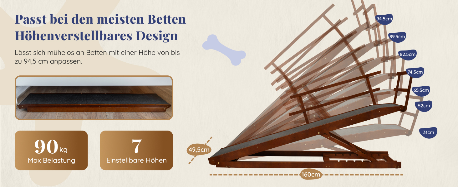 Східці для собак до ліжка з поручнями - для великих собак до 90 кг - регульована висота до 94.5 см - ширина 49,5 см - складані - антиковзні ручки - береза - натуральний колір (волоський горіх)