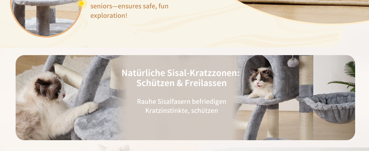 Кігтеточка Heybly Kratzbaum 75 см: кігтеточка-вежа з платформою, будиночком, гамаком, драбиною та іграшками для котів, сірий колір, HCT009SM