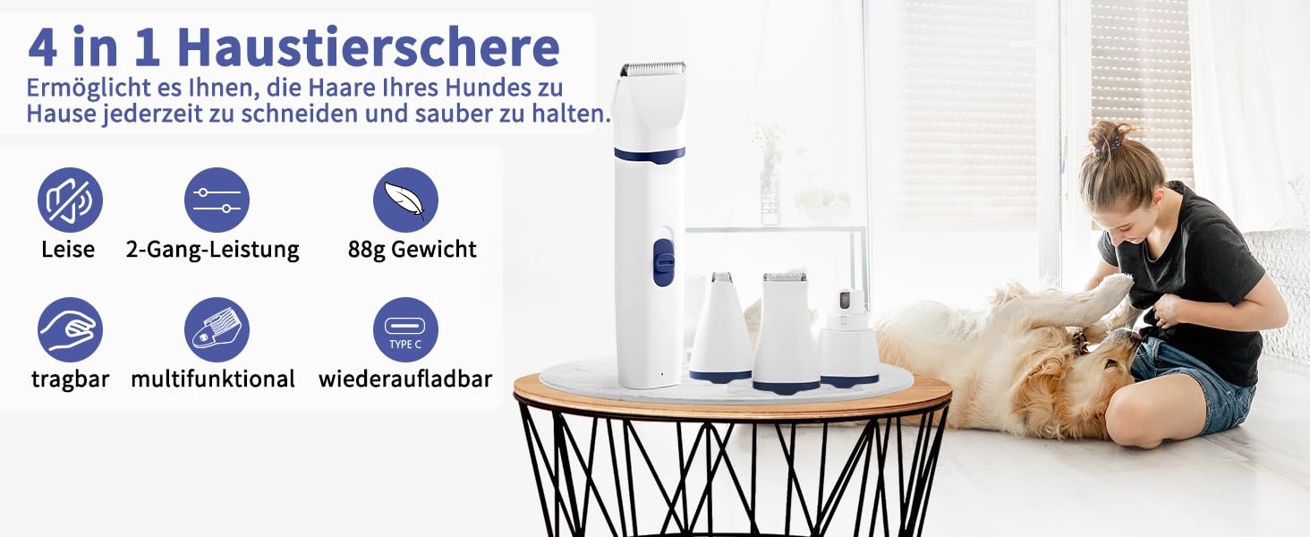 Airminti 4-в-1 Безшумна машинка для стрижки шерсті котів, USB-зарядка, 4 змінні насадки, машинка для собак, для догляду за очима/вухами/лапами/нігтями (Блакитна)
