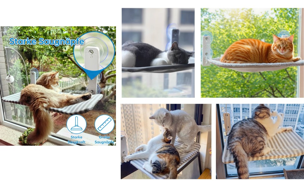 Кішка ліжко на вікно BnbnPup: гамак для котів з міцними присосками до 18 кг, знімний та перевертаний чохол, складна та стабільна конструкція (смужки, L)