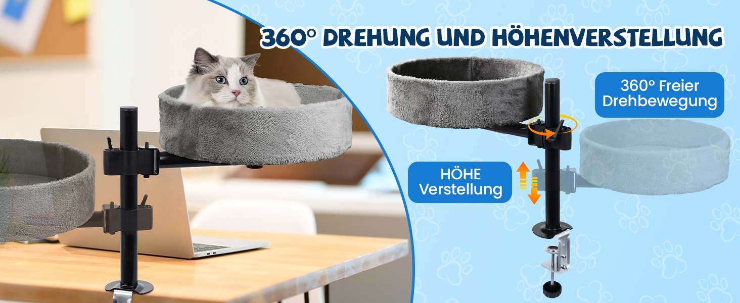 BSWAY Лежанка для кота на стіл - без свердління, 360° обертання, регульована висота. Підвищена котяча лежанка над столом. Тримає кошеня/кота близько, робочий простір чистий. (Темно-сірий, XL)