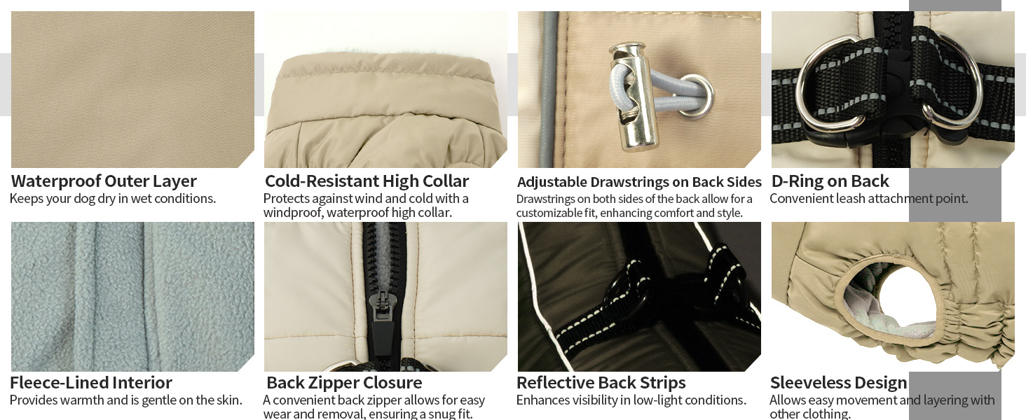 Водонепроникний теплий зимовий одяг для собак - куртка-манжетка з отвором для шлейки, армійський камуфляж, для собак маленьких, середніх та великих порід, з світловідбиваючими смугами, блискавкою (S, Абрикосовий)