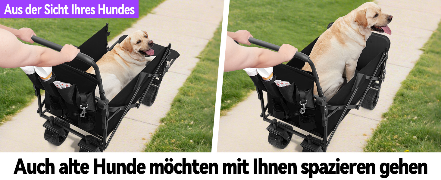 Візок для собак до 50 кг, розкладний, чорний - без даху. Візок-будка з безкамерними шинами для бездоріжжя, регульованою ручкою та заднім отвором для зручного завантаження. Підходить для великих та літніх собак, після операцій.