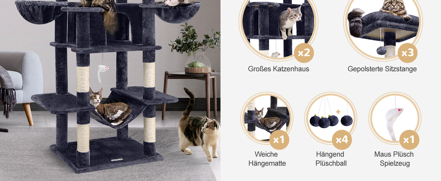 Котячий будиночок Globlazer XXL: великий, 204 см, з 3 лежаками, 2 будиночками, 2 кошиками, гамаком, стабільний для великих котів та кількох котів (F80, темно-сірий)