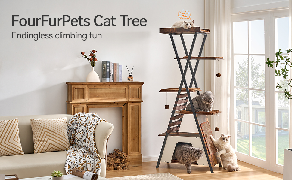 Х ярусна кігтеточка FourFurPets, 111 см, вінтажна коричнева, 3-