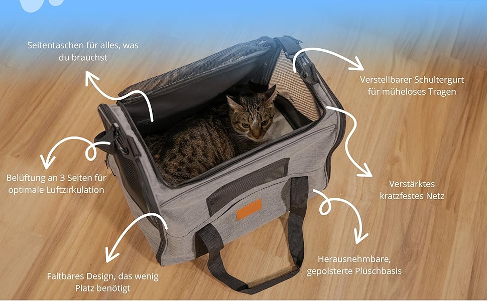 TREKAM Транспортний бокс для котів та маленьких собак з мискою, ковдрою, ременем на плече та м'якою підкладкою - для автомобіля та літака