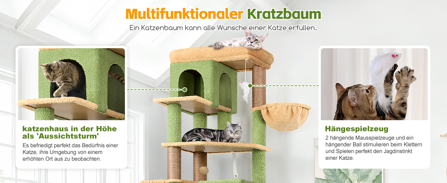 Драбина для котів Globlazer 204 см з 3 будиночками, 2 великими платформами, 3 м'якими кошиками, стабільна, для 3-5 котів, відпочинок, ігри, дряпання, зелений (XXL)