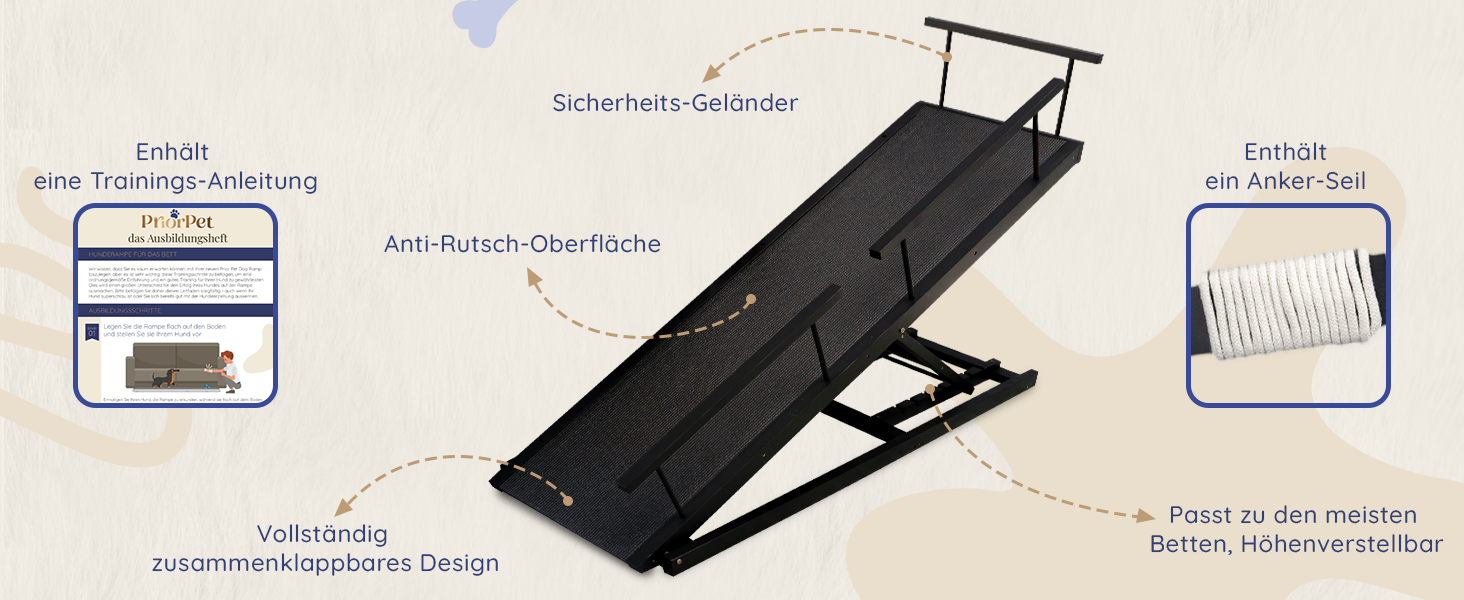 Сходинки для собак PRIORPET з берези з поручнями - регульована висота до 94.5 см - складаються - антиковзні ручки - для малих собак до 23 кг - коричневі (чорні)