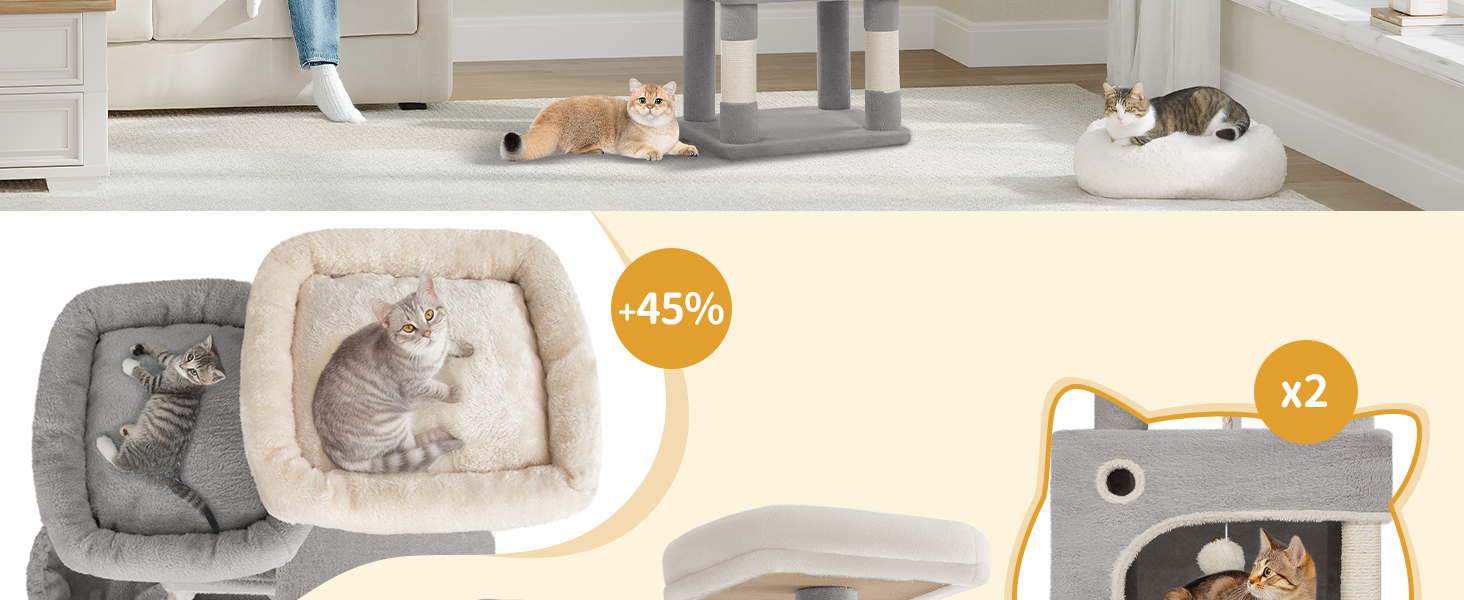 Кігтеточка для котів Hzuaneri, 159 см, з 8 стовпчиками, 3 платформами, 2 ховалами, корзиною, плюшевими кульками, мотузкою з сизалю, підходить для котів різних розмірів, MS15918LG (XL, світло-сірий)