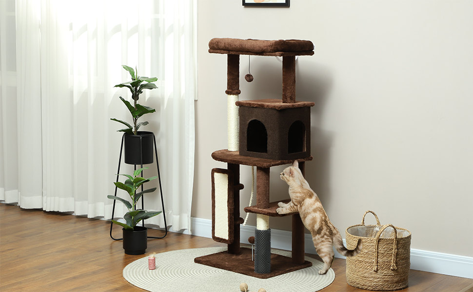 Котячий комплекс PawHut 132 см з когтеточкою, платформами, кулями та килимком, коричневий (55x44x132 см)