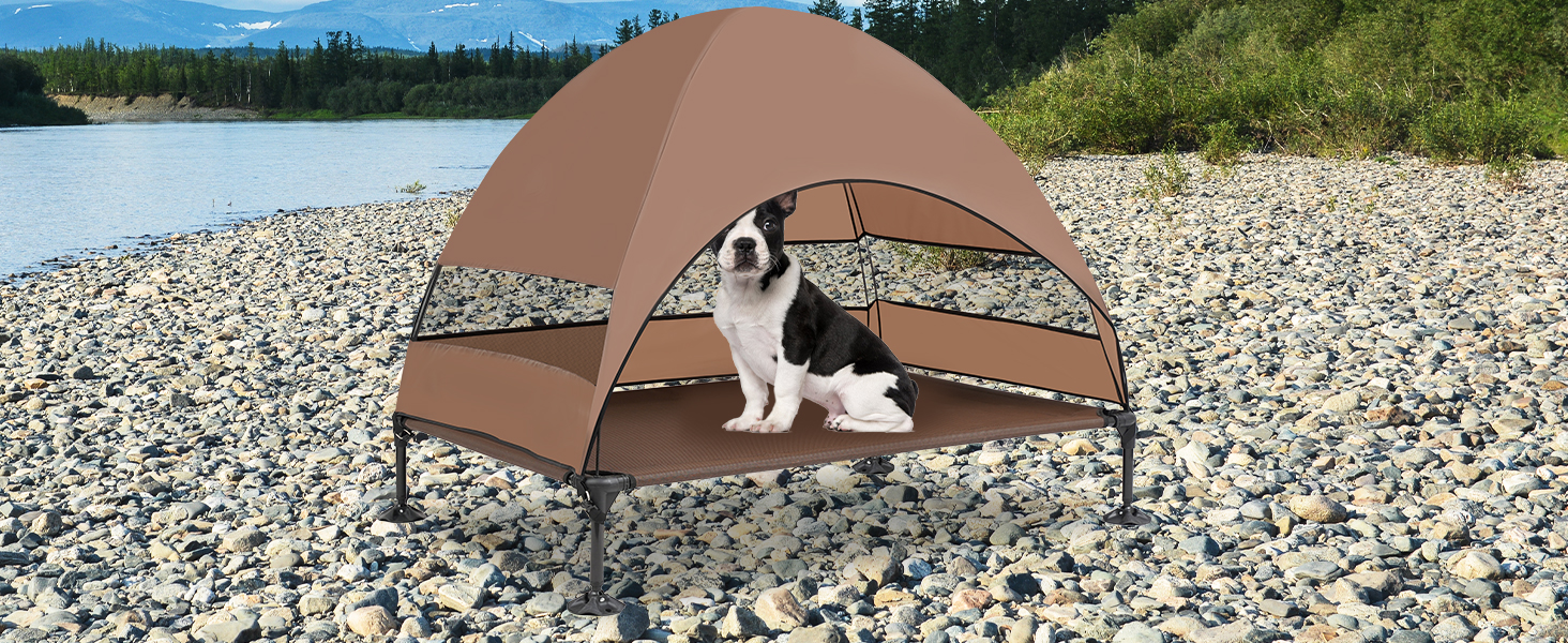 Лежанка для собак Snagle Paw з дахом, піднятий дизайн - стабільне ліжко для собак з антиковзними ніжками, широка тінь - водонепроникна для великих собак, для дому/на вулицю, кемпінг та сад, коричнева, 106 x 84 x 76 см