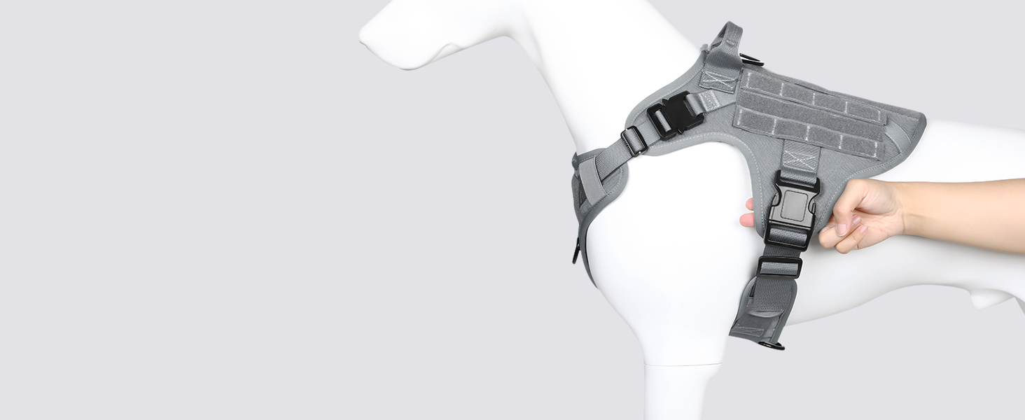 Шлейка для собак Rabbitgoo великих порід, без натягу, тактична з MOLLE, металеві пряжки, дихаюча, військова, регульована, з підкладкою, сіра, L (1 шт.)